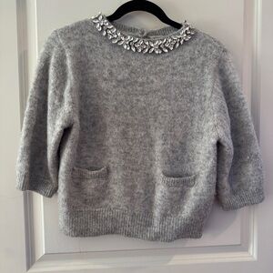 Zara grey wool sweater with rhinestone neck front pocket